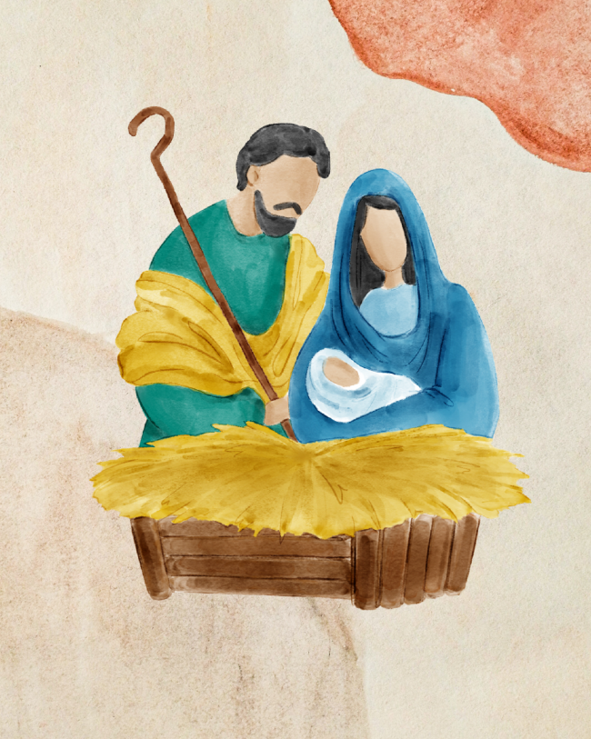 Beige Blu Disegnato Stampabile Natività Natale Tela Canvas